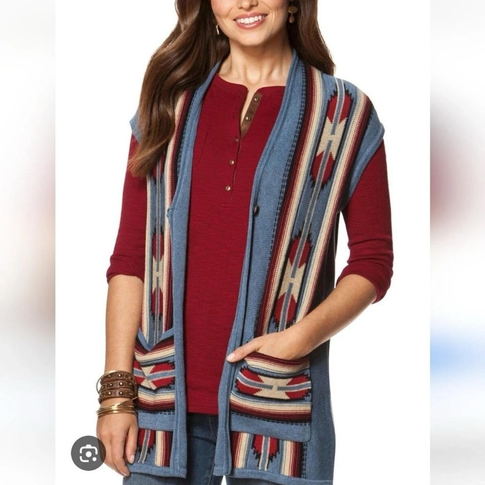 Chaps Blue Southwestern Open-Front Vest with Red Accents